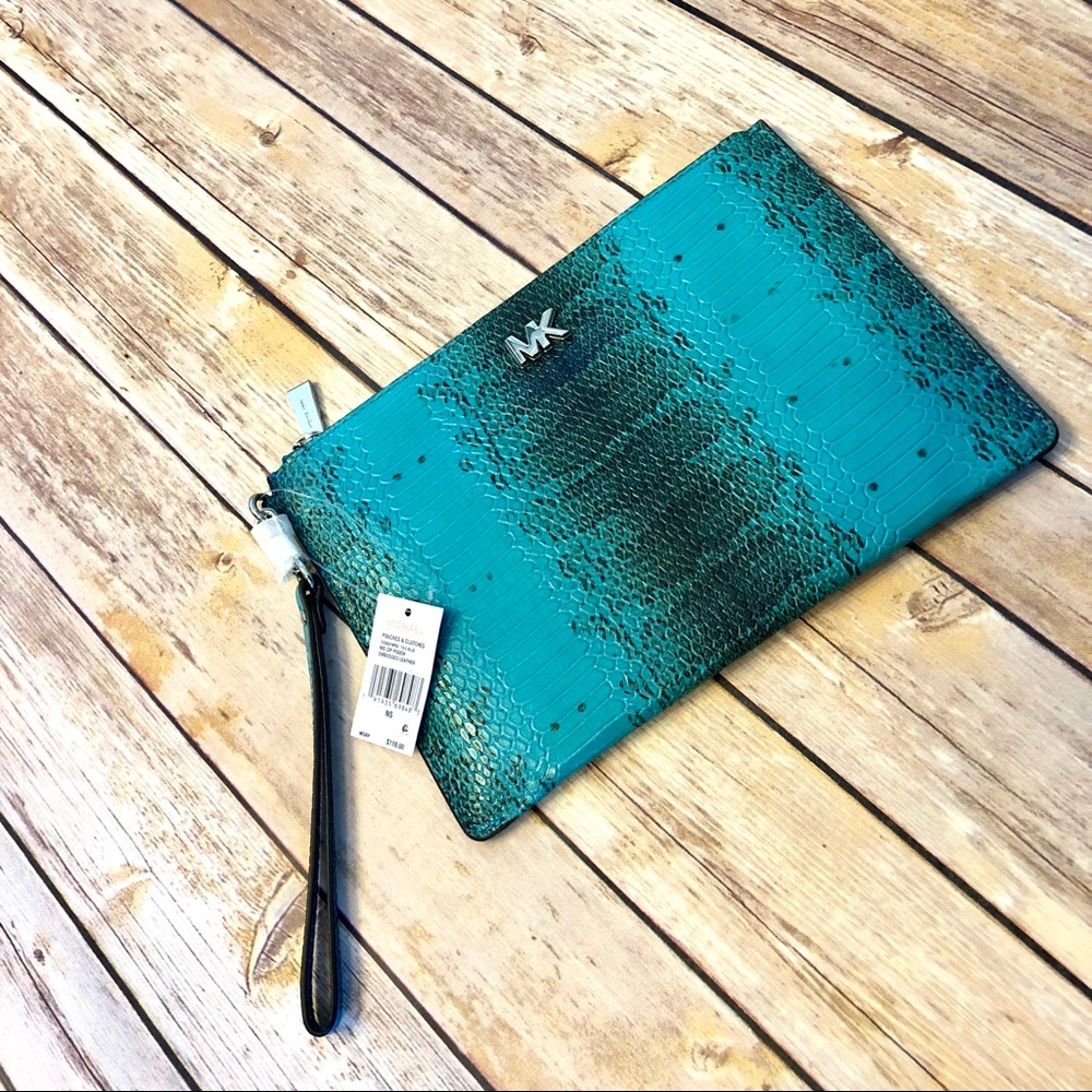 Michael Kors Blue Snakeskin Zipper Clutch NWT